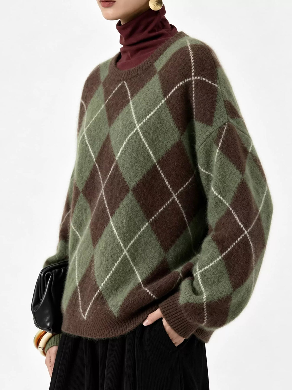 Argyle Pattern Fuzzy Knit Sweater - Green - View 23