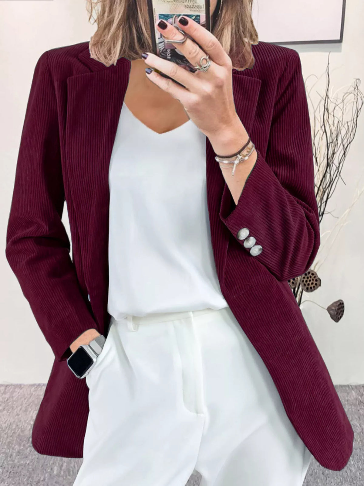 Corduroy Lapel Collar Casual Blazer - Burgundy - View 16