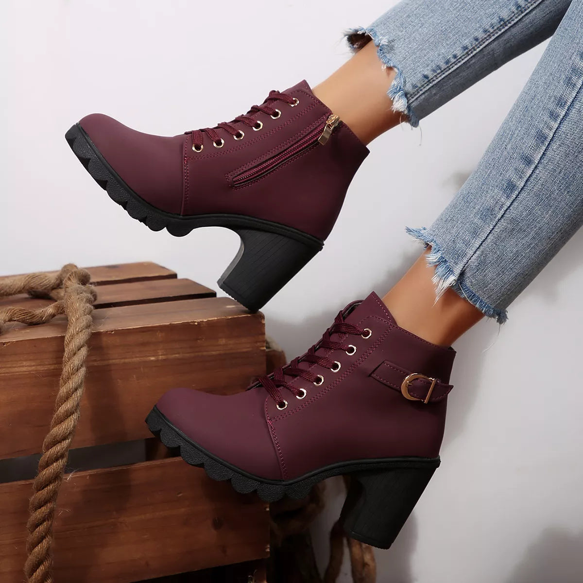 Lace Up Block Heels Boots - Burgundy - View 12
