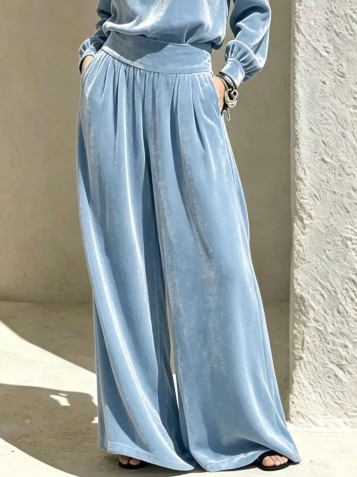 Velvet Mock Neck Long Sleeve Top and Wide-Leg Pants Set - Light Blue - View 3