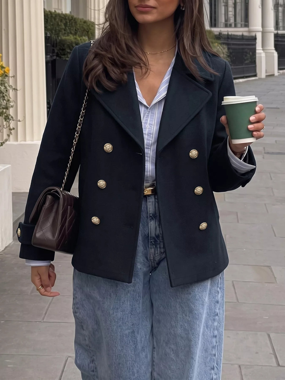 Double-Breasted Gold Button Blazer - Navy - View 1