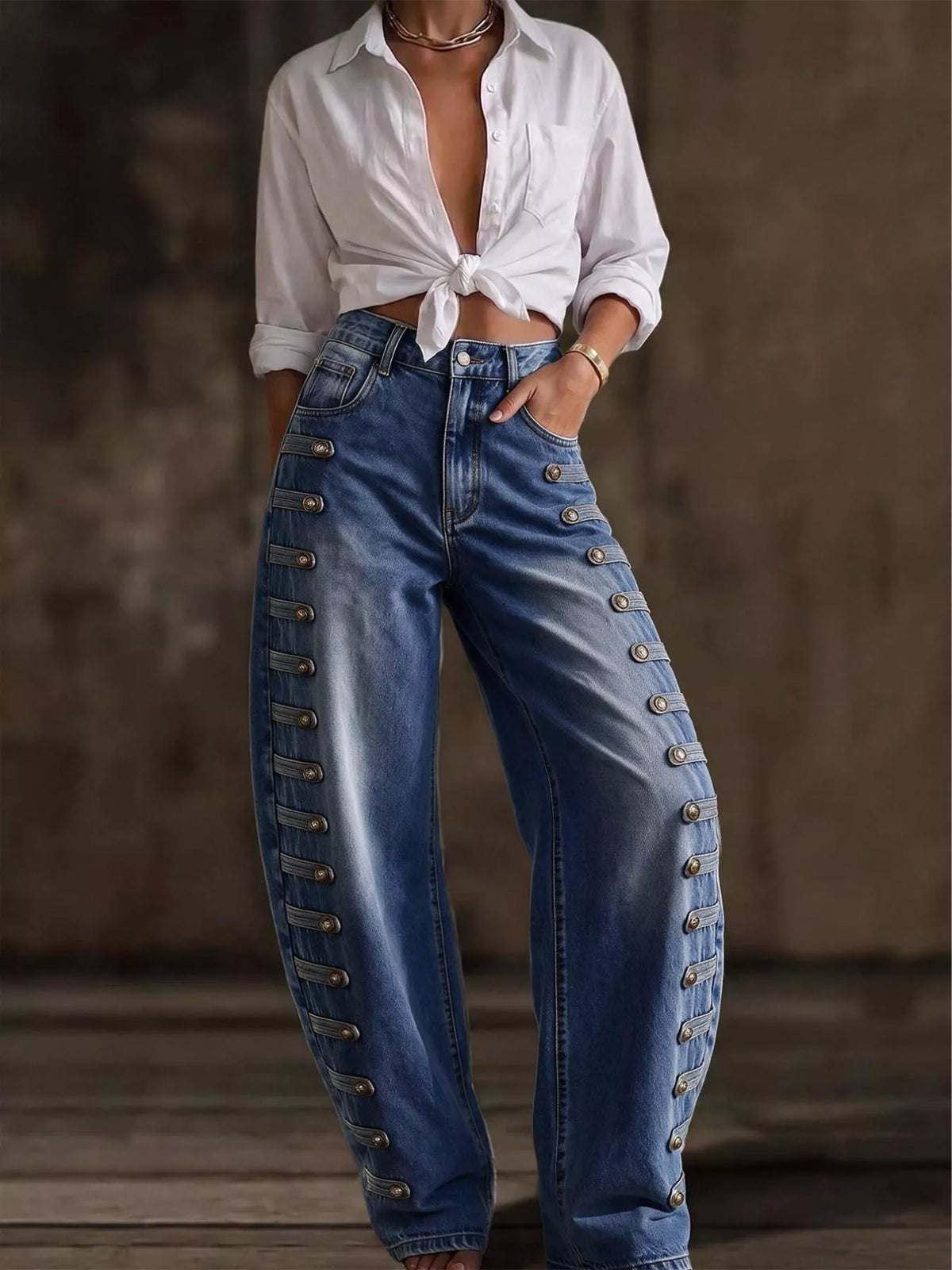 Decorative Button Wide Leg Jeans - Dark Blue - View 2