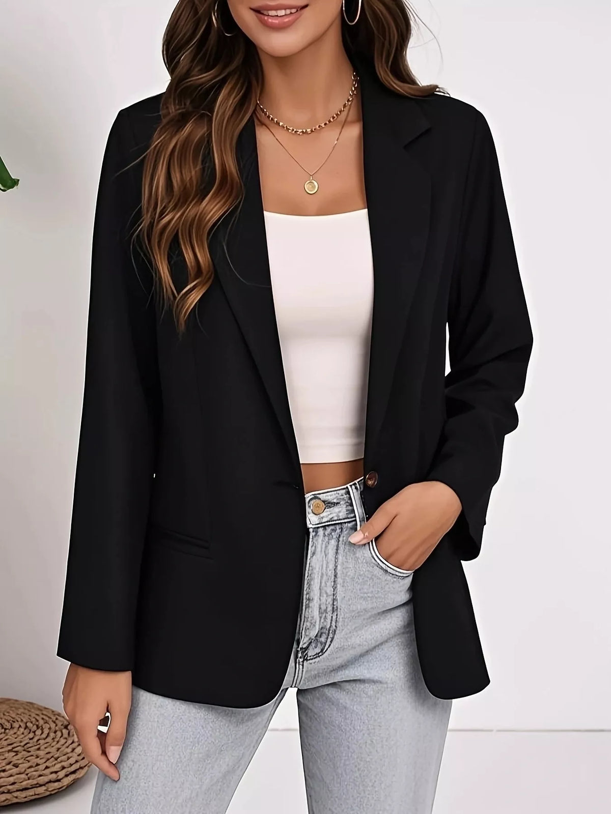 Plus Size Lapel Collar Single-Button Blazer - Black - View 5