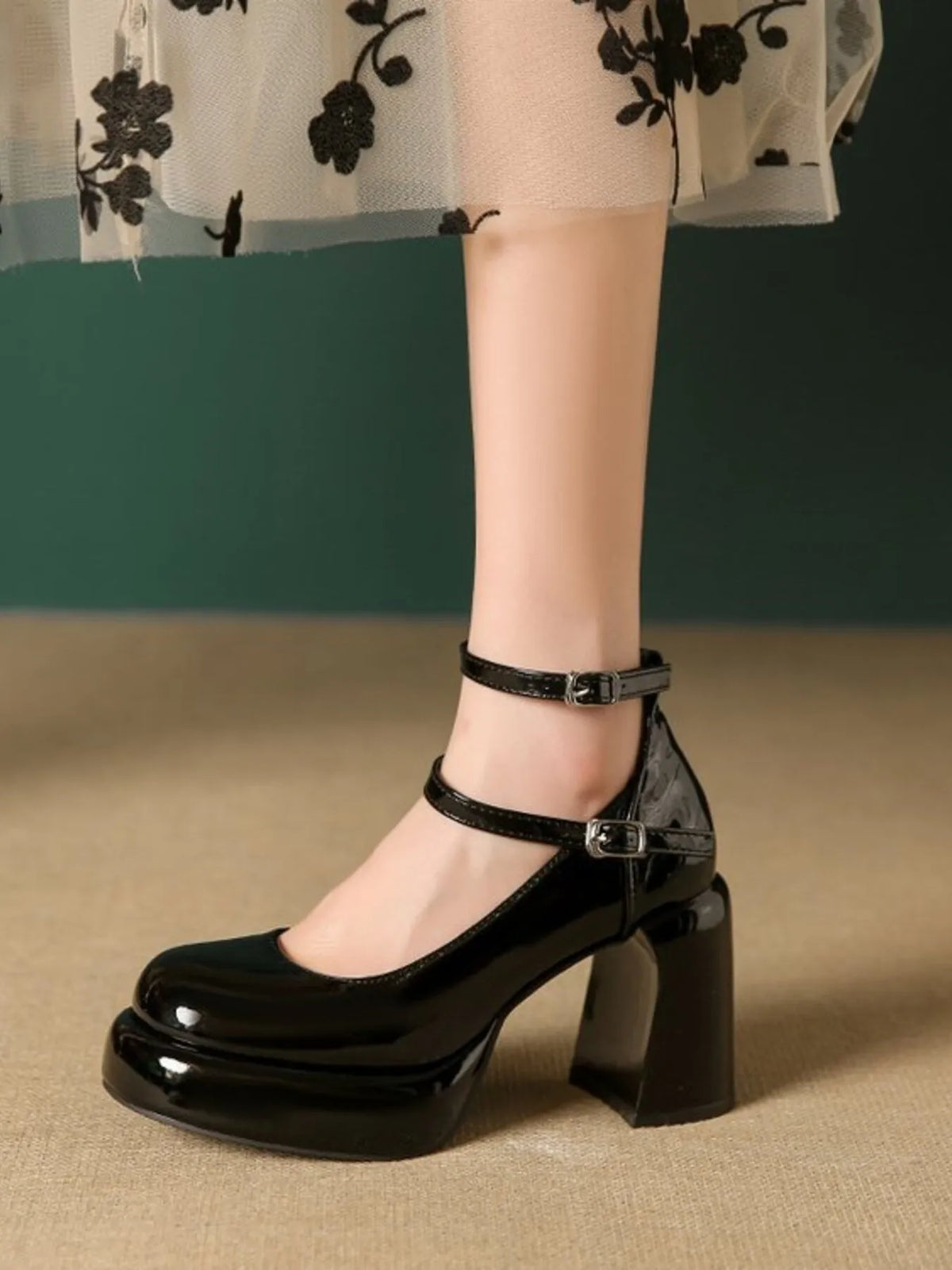 Patent Leather Mary Jane Platform Pumps - Black - View 7