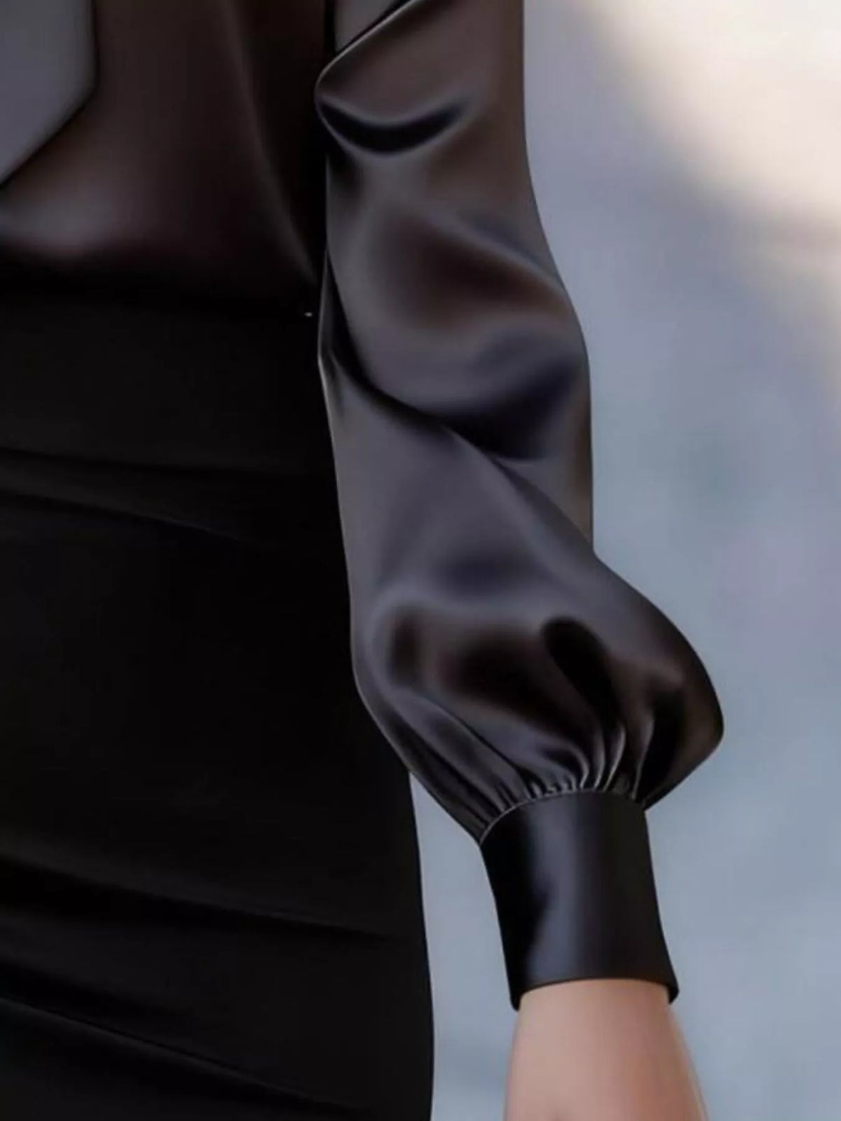 Satin Bow Tie Long Sleeve Blouse - Black - View 9