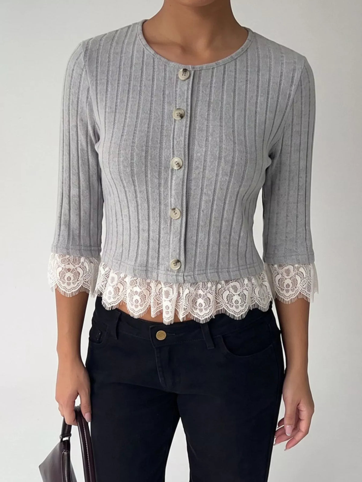 Lace Hem Ribbed Knit Button-Down Top - Gray - View 1