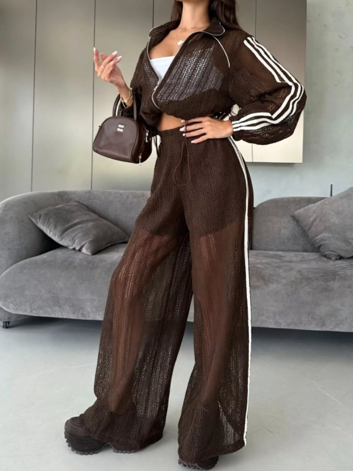 Side Stripes Zip Up Top and Pants Set - Brown - View 3