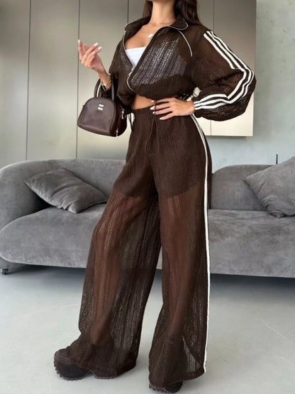 Side Stripes Zip Up Top and Pants Set - Brown - View 3