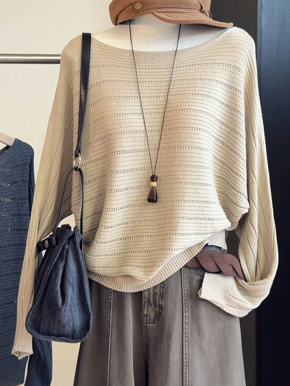 Openwork Boat Neck Sweater - Oatmeal - View 1