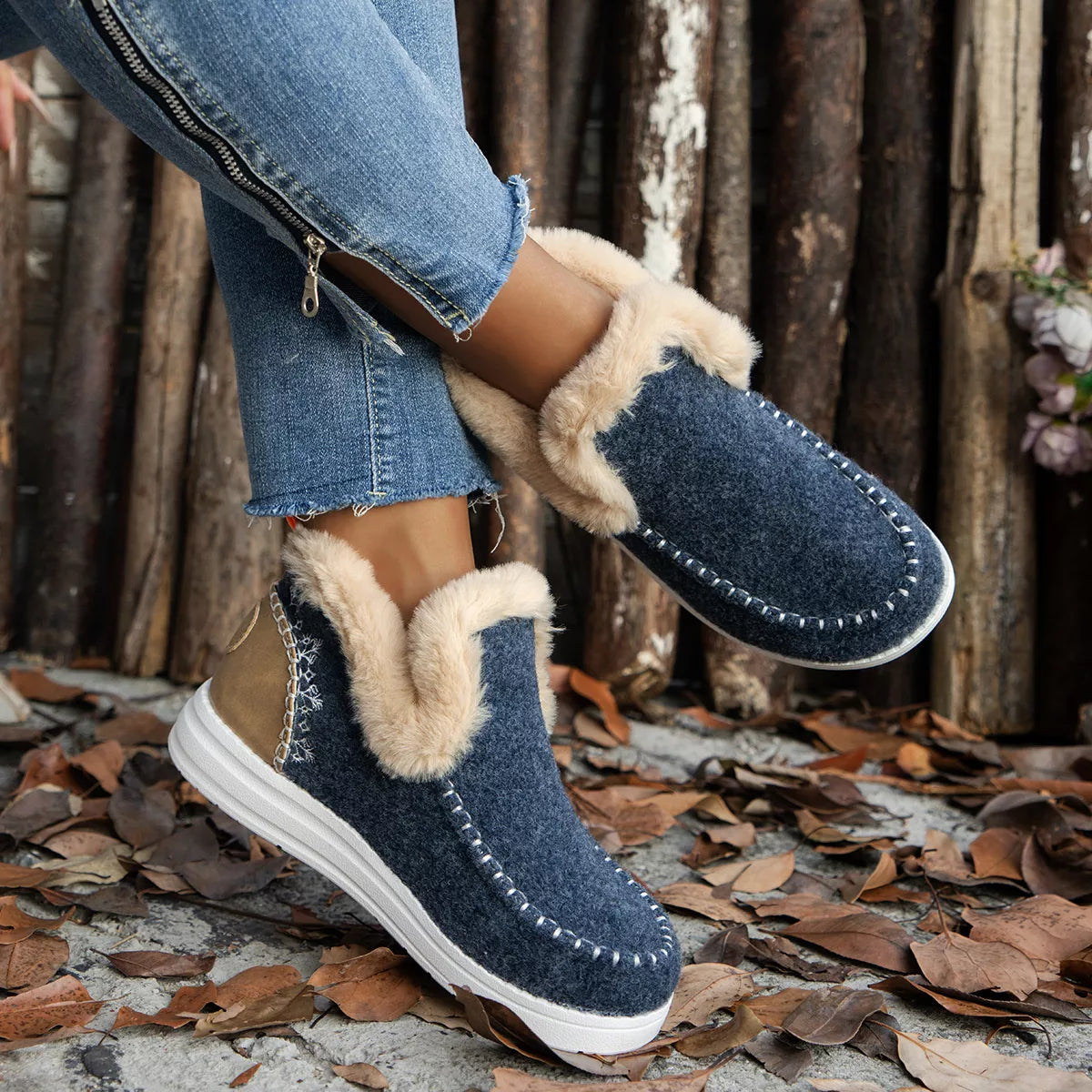 Round Toe Winter Ankle Boots - Navy - View 11