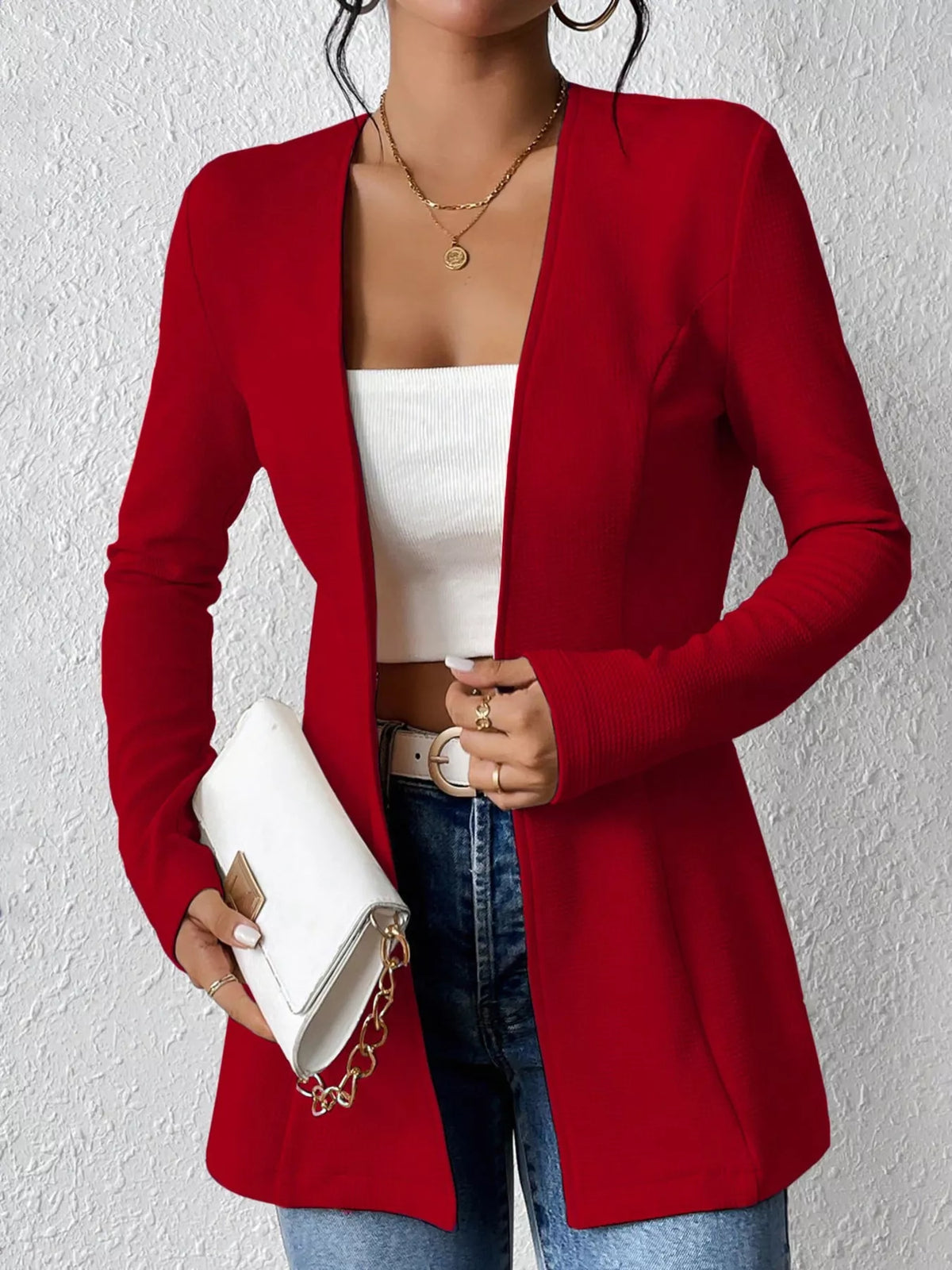 One Button Long Sleeve Blazer - Red - View 16