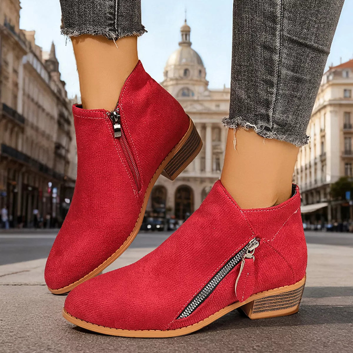 Point Toe Block Heels Boots - Red - View 4