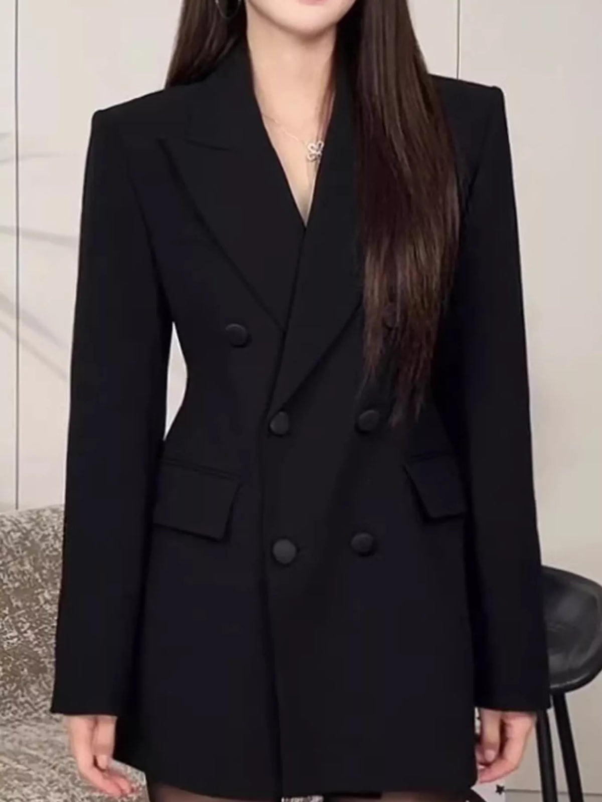 Full Size Double-Breasted Slim-Fit Blazer Plus Size - Black - View 6