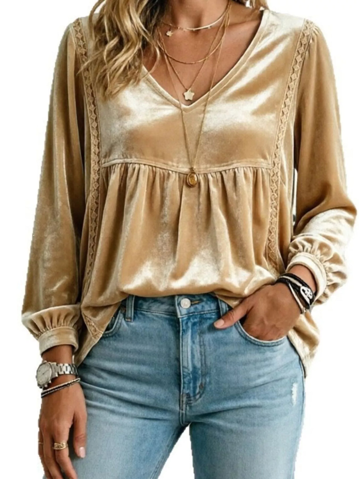 Full Size V-Neck Long Sleeve Velvet Blouse with Lace Trim Plus Size - Gold - View 1