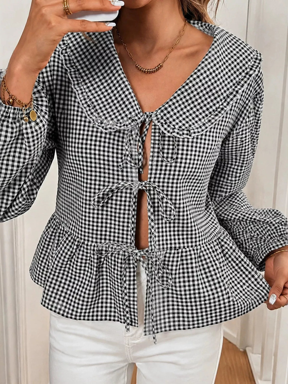 Gingham Tie-Front Peplum Blouse - Black - View 1