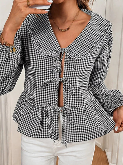 Gingham Tie-Front Peplum Blouse - Black - View 1