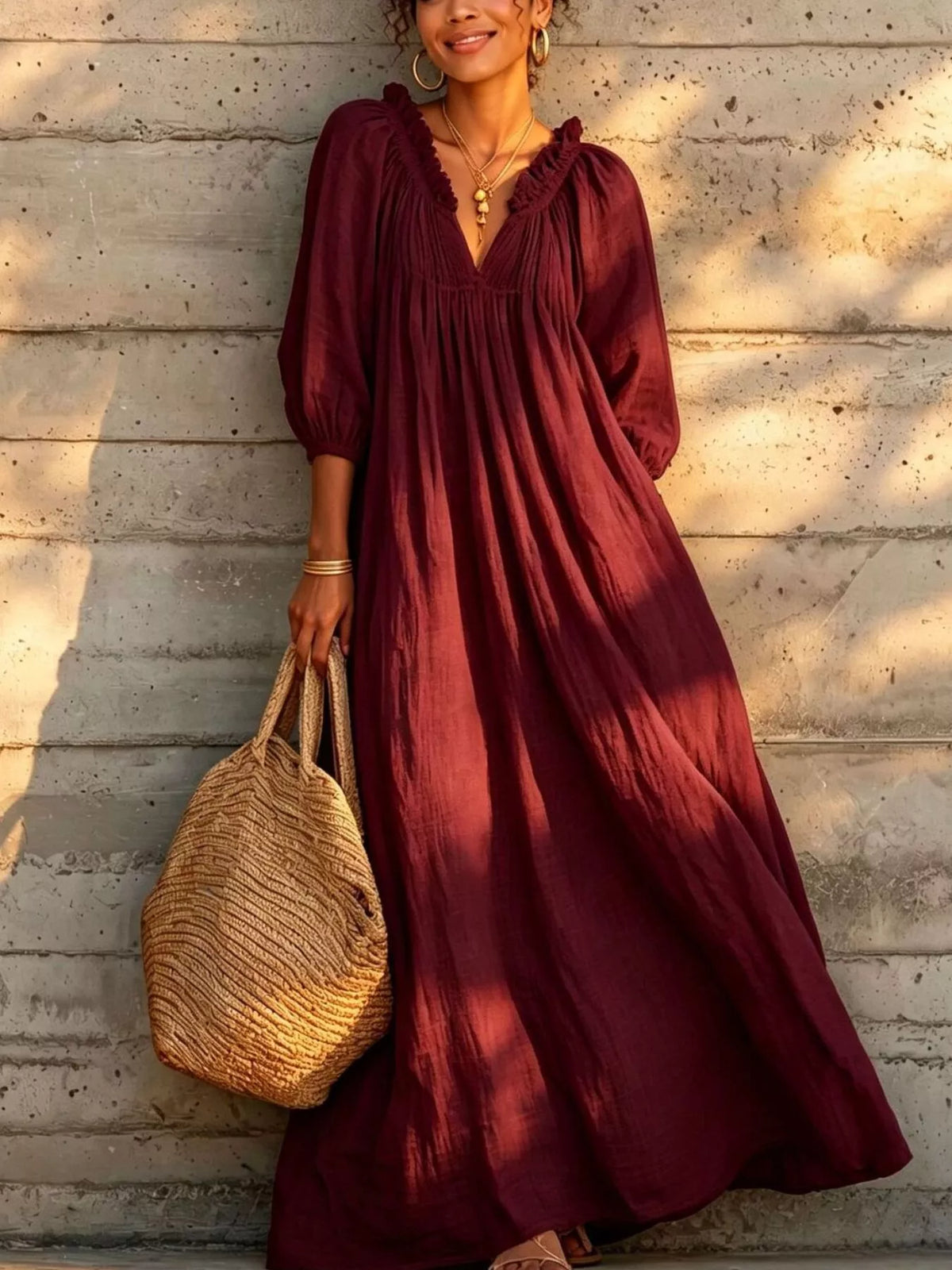 Tiered Notched 3/4 Sleeve Maxi Dress - Burgundy - View 1