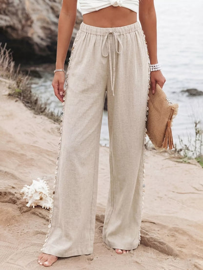 Drawstring Wide Leg Pants - Khaki - View 1