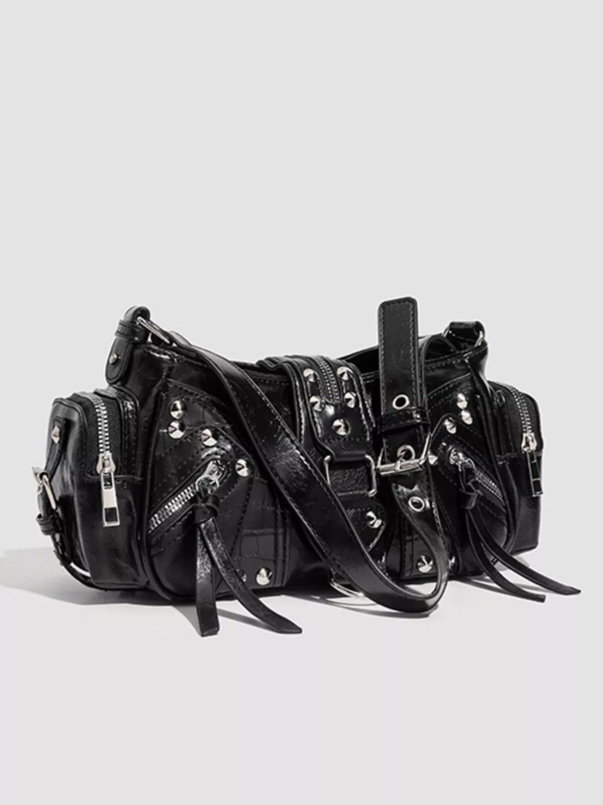 Rivet Embellished Shoulder Bag - Black - View 5