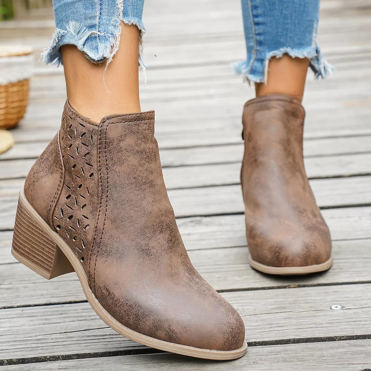 Round Toe Block Heels Boots - Brown - View 8