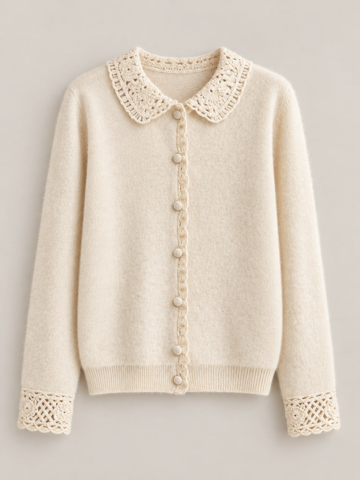 Lace-Collar Button Down Knit Cardigan - Beige - View 8