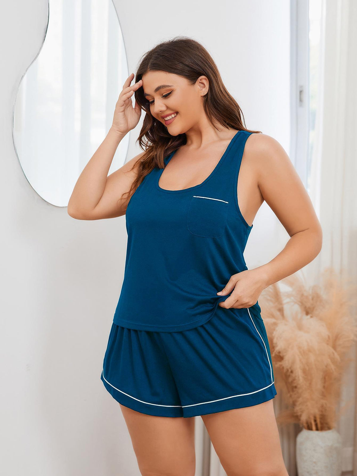 Plus Size Contrast Piping Racerback Tank and Shorts Lounge Set - Peacock  Blue - View 6