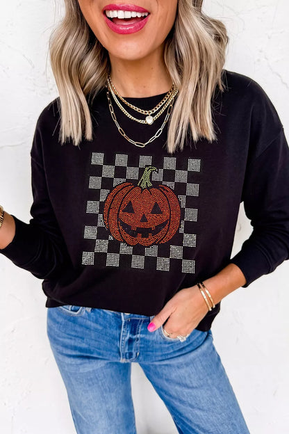 Rhinestone Pumpkin Long Sleeve Sweatshirt - Black - View 3