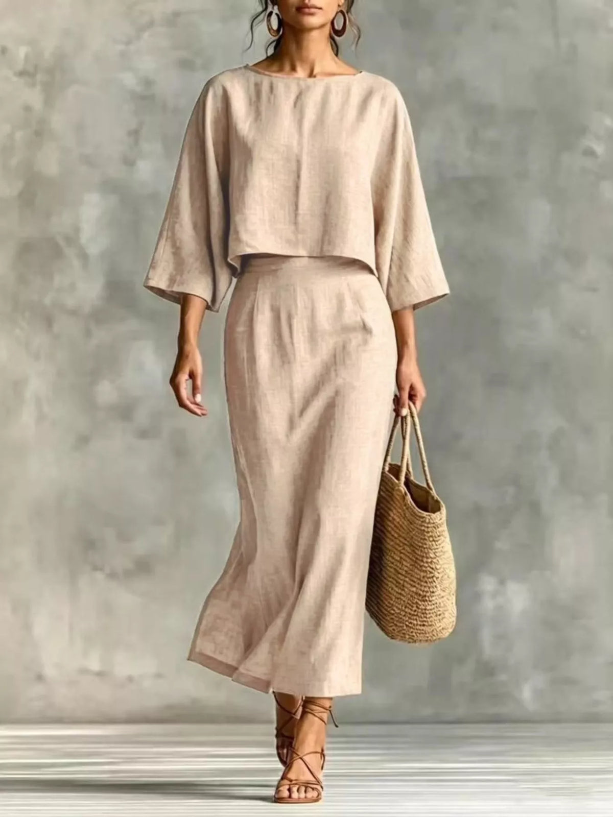 Full Size Solid Color Cropped Top and Midi Skirt Set Plus Size - Apricot - View 1