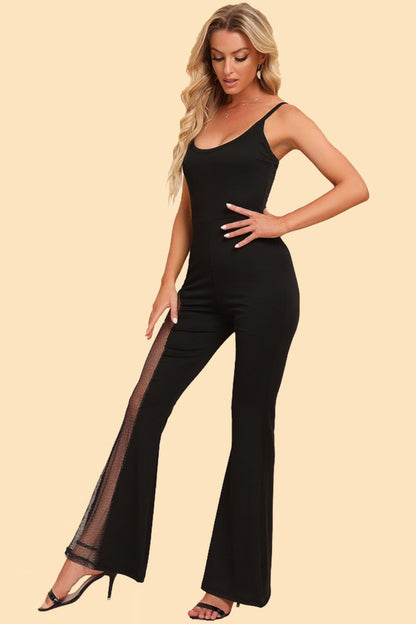 Spliced Mesh Spaghetti Strap Jumpsuit - Black - View 1