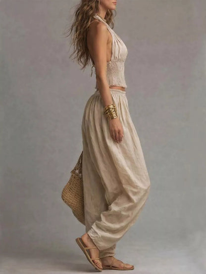 Full Size Halter Neck Top and Wide-Leg Harem Pants Two-Piece Set Plus Size - Khaki - View 3
