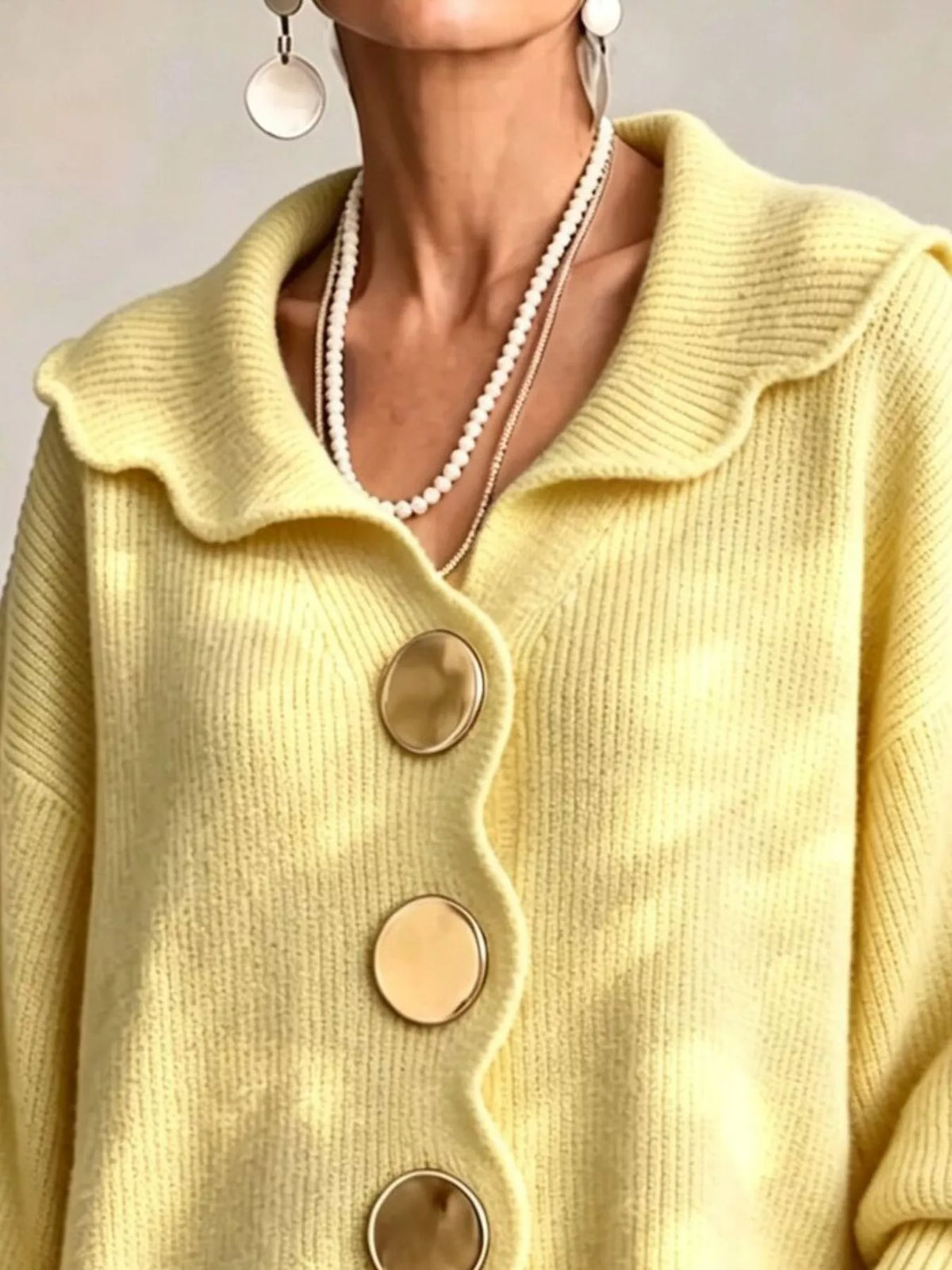 Full Size Scalloped-Edge Button-Down Cardigan Plus Size - Pastel Yellow - View 2