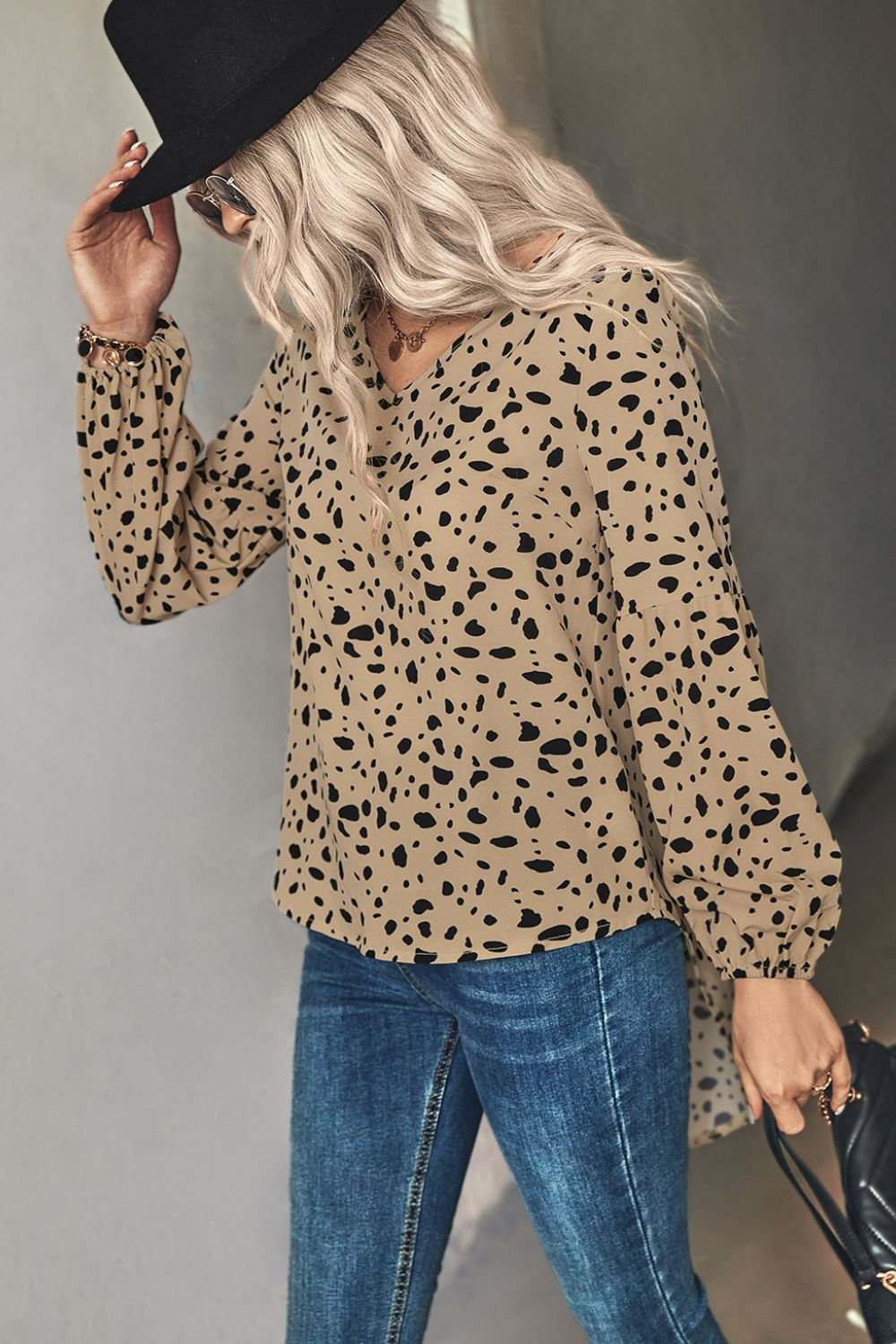 Animal Print V-Neck High-Low Blouse - Khaki - View 4