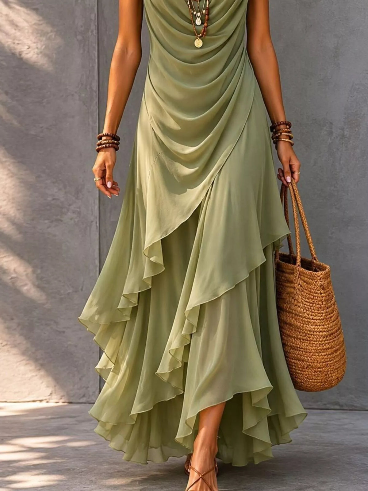 Sleeveless Layered Ruffle Hem Maxi Dress - Moss - View 3