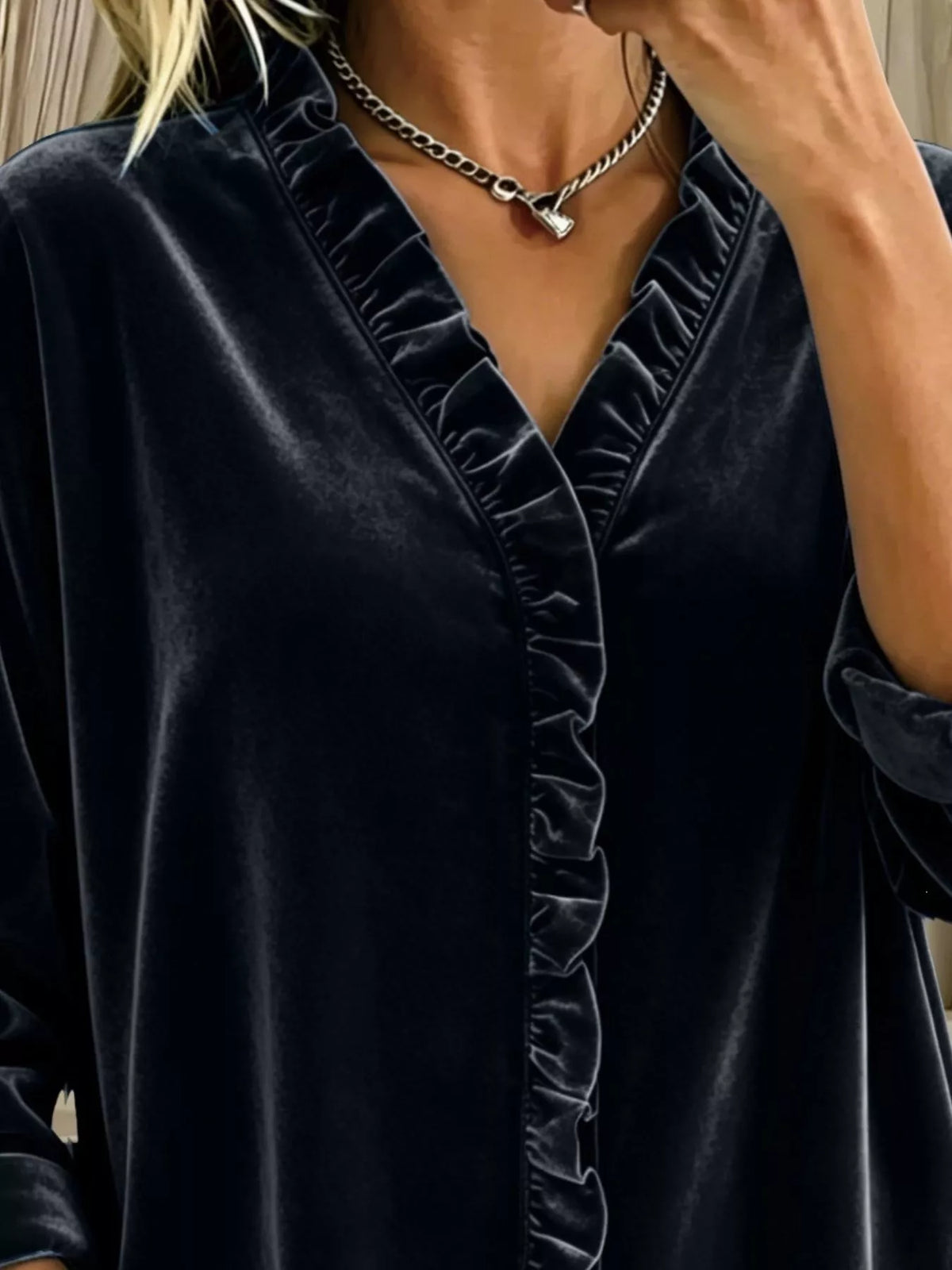 Velvet Frill V-Neck Blouse - Black - View 2