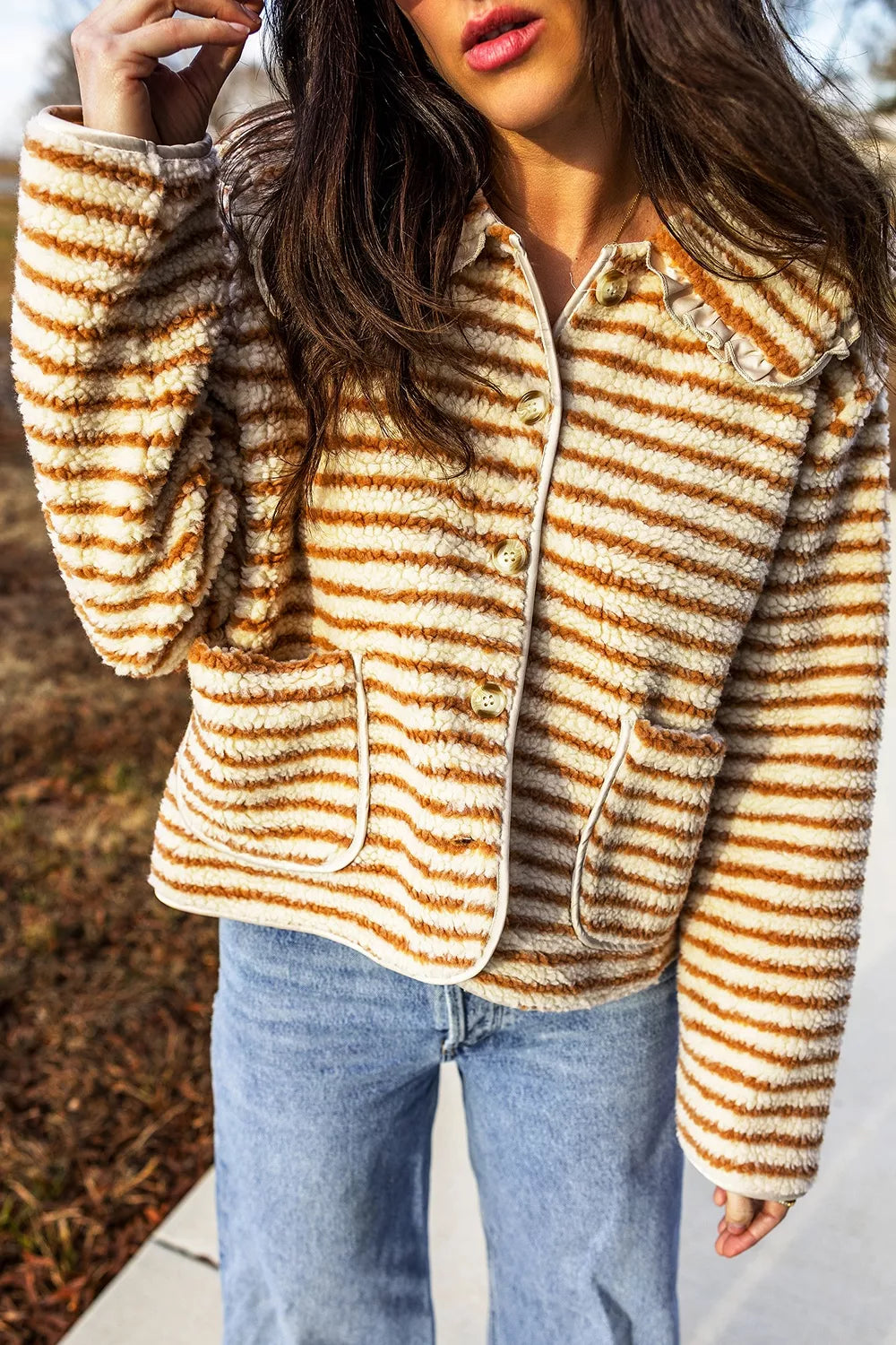 Striped Fleece Button Front Long Sleeve Regular Fit Jacket - Tan - View 7