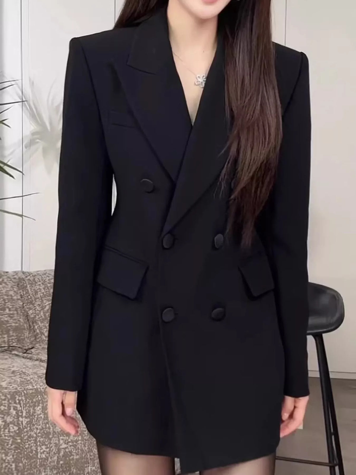 Full Size Double-Breasted Slim-Fit Blazer Plus Size - Black - View 7