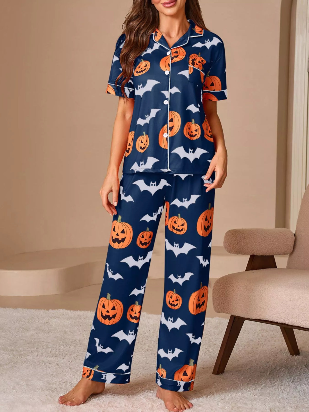 Halloween Pumpkin and Bat Print Button-Down Top and Pants Lounge Set - Navy Blue - View 2