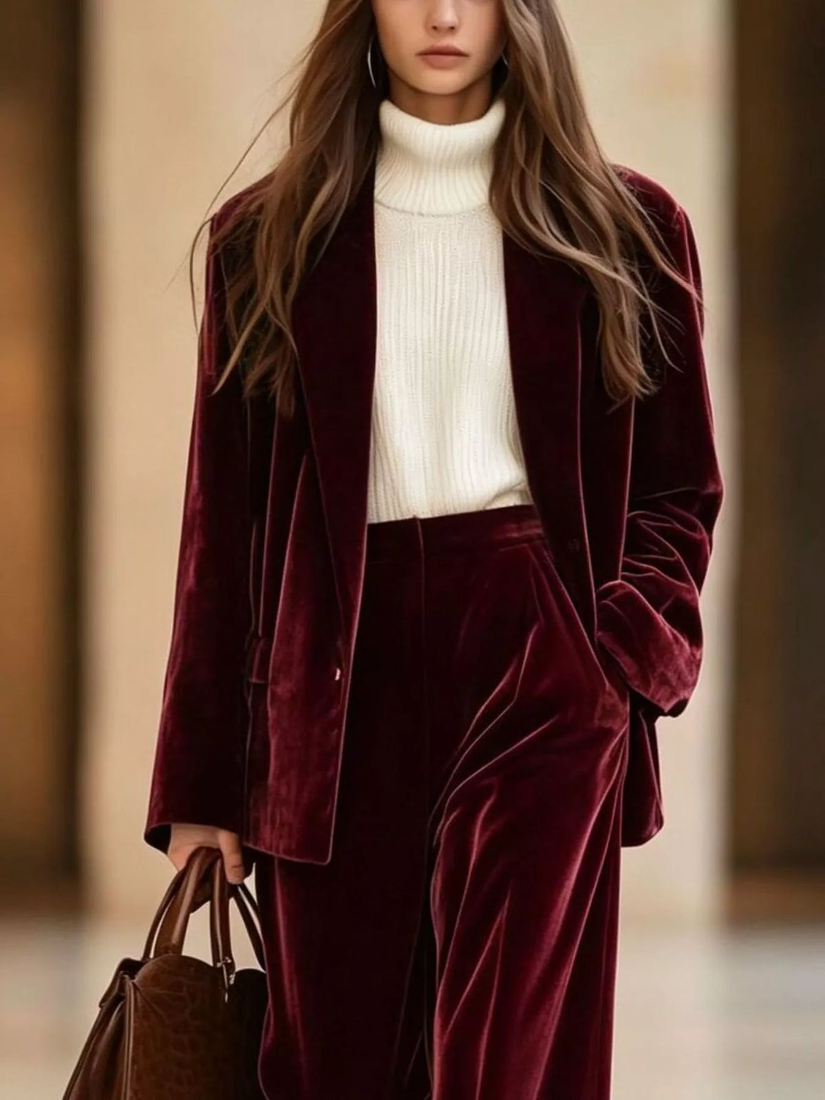 Velvet Blazer and Wide-Leg Pants Two-Piece Set - Burgundy - View 2
