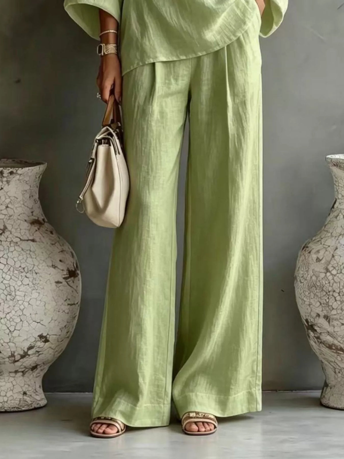 One Shoulder Top and Wide Leg Pants Set - Lime - View 3