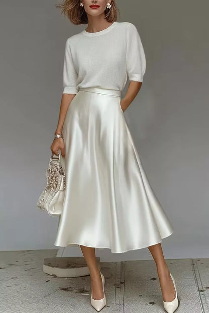 Satin A-Line Midi Skirt - White - View 1