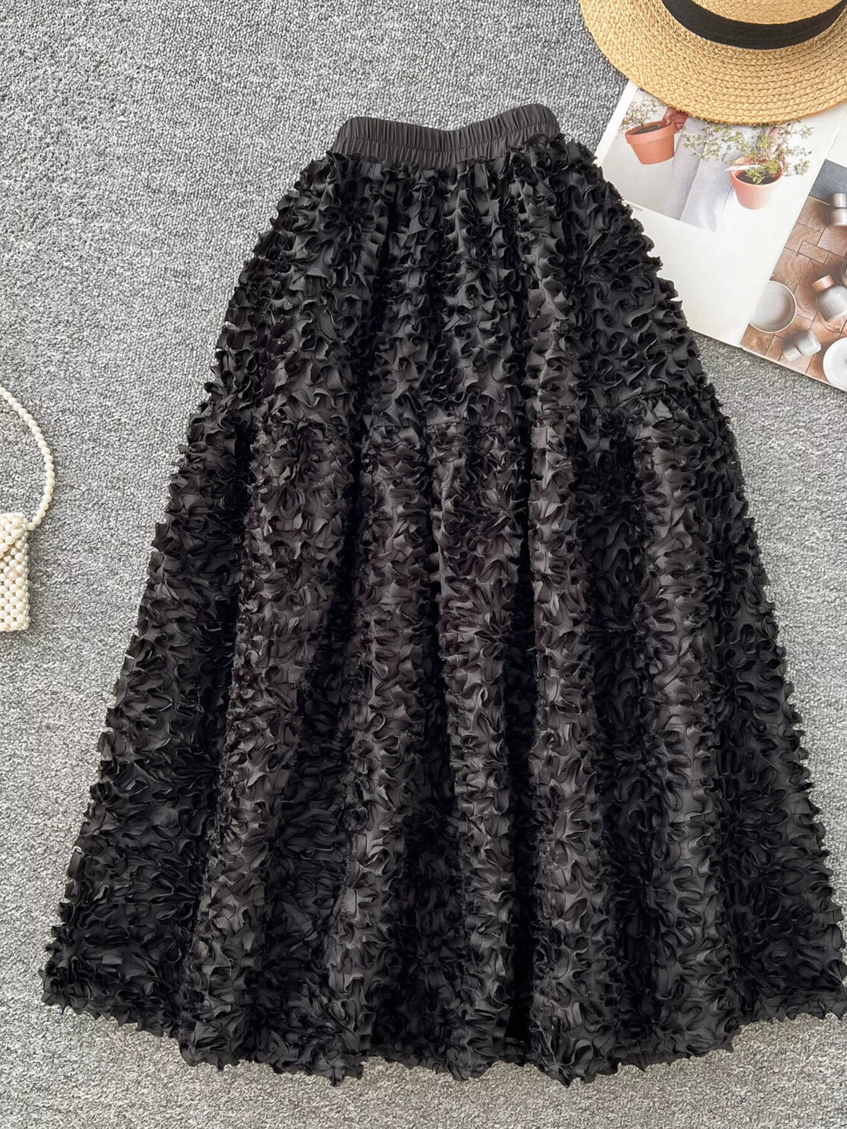 Elegant 3D Lace Trim High‑Waist A‑Line Midi Skirt - Black - View 1