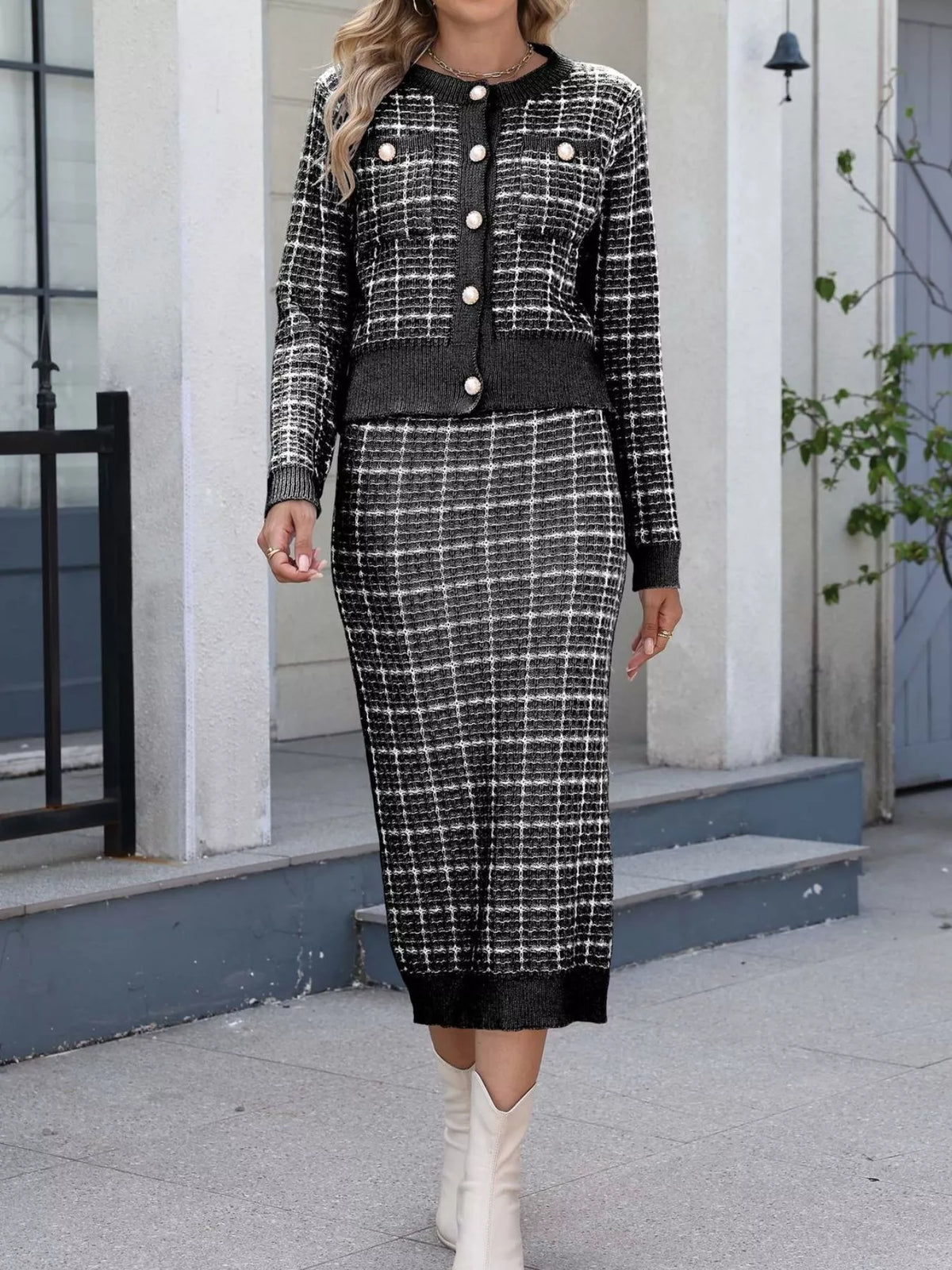 Plaid Knit Cardigan and Midi Skirt Sweater Set - Black - View 1