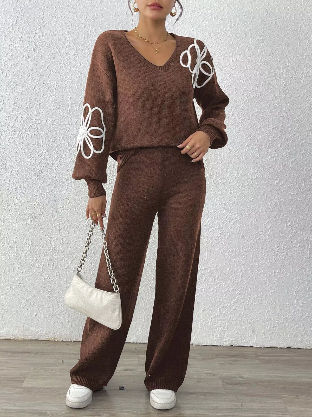V-Neck Dropped Shoulder Top and Pants Sweater Set - Brown - View 3