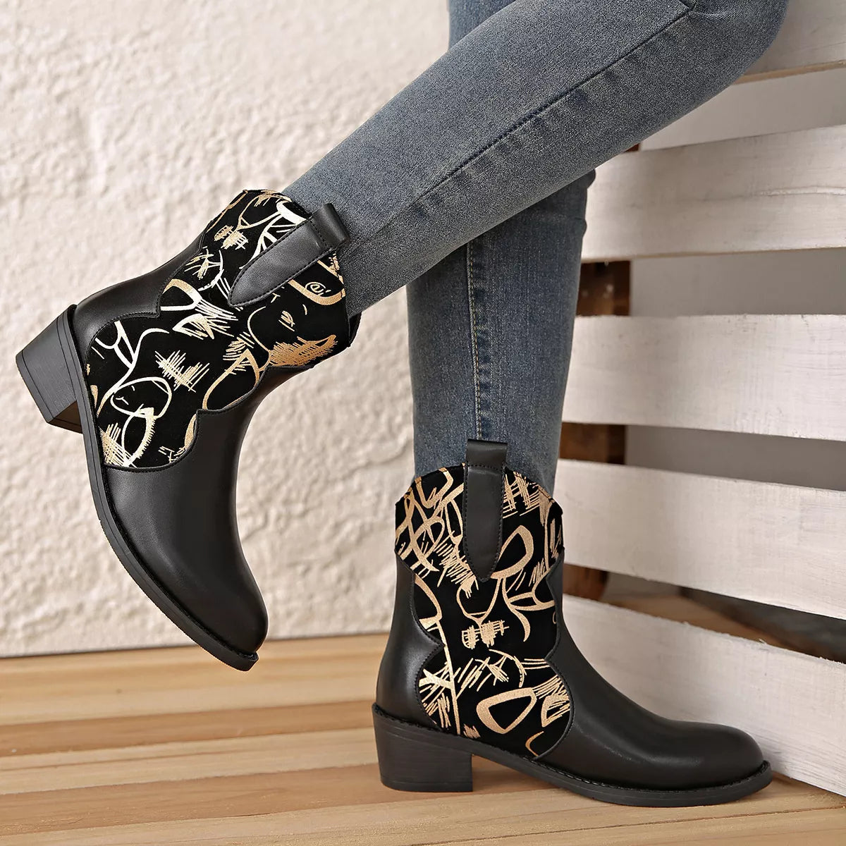 Point Toe Block Heels Boots - Black - View 1