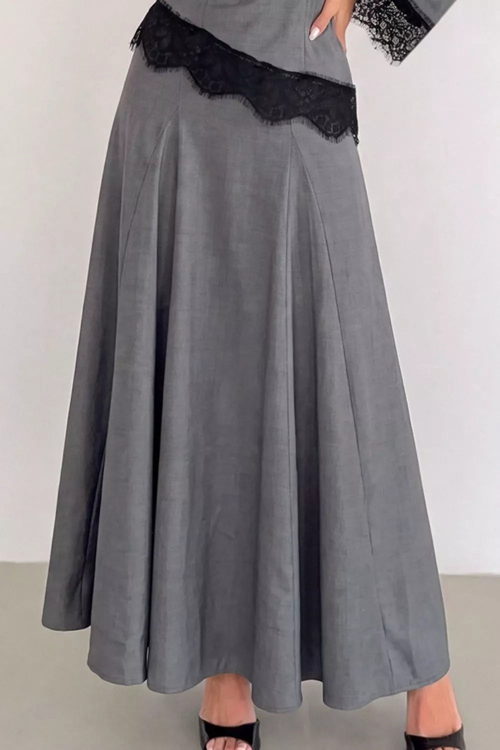 Lace Detail Mock Neck Top and Skirt Set - Dark Gray - View 4