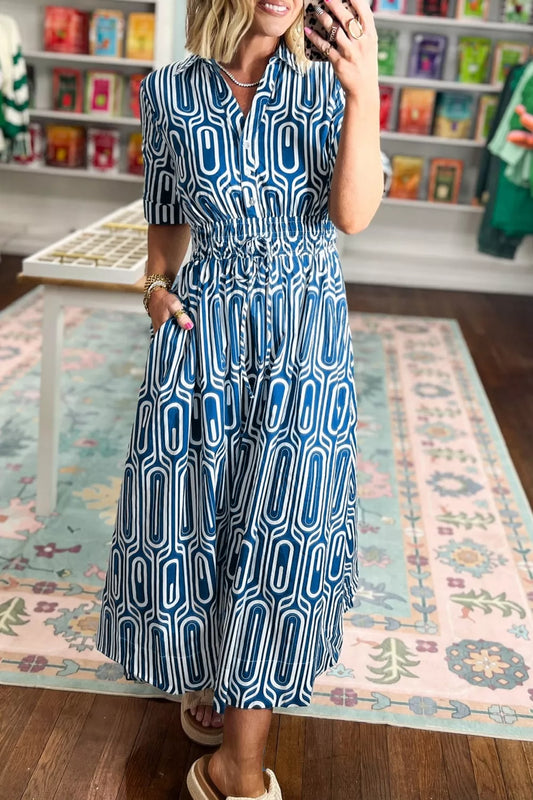 Geometric Print Short Sleeve Drawstring Shirt Collar Dress - product photo 2