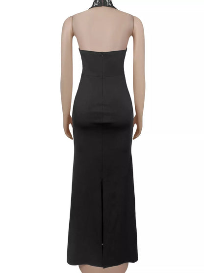 Floral Halter Neck Maxi Dress - Black - View 10