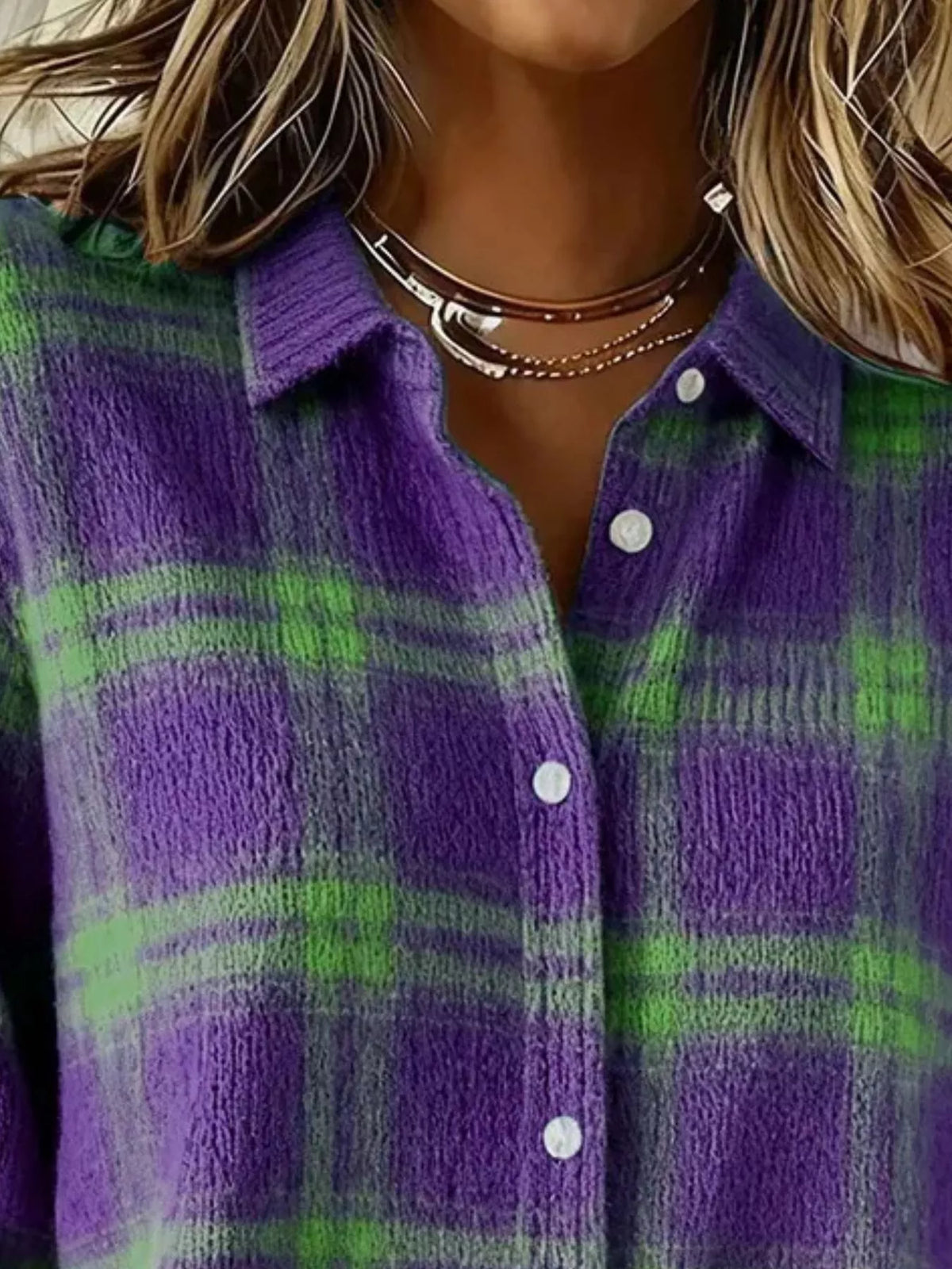 Full Size Plaid Button-Down Knit Cardigan Plus Size - Purple - View 5