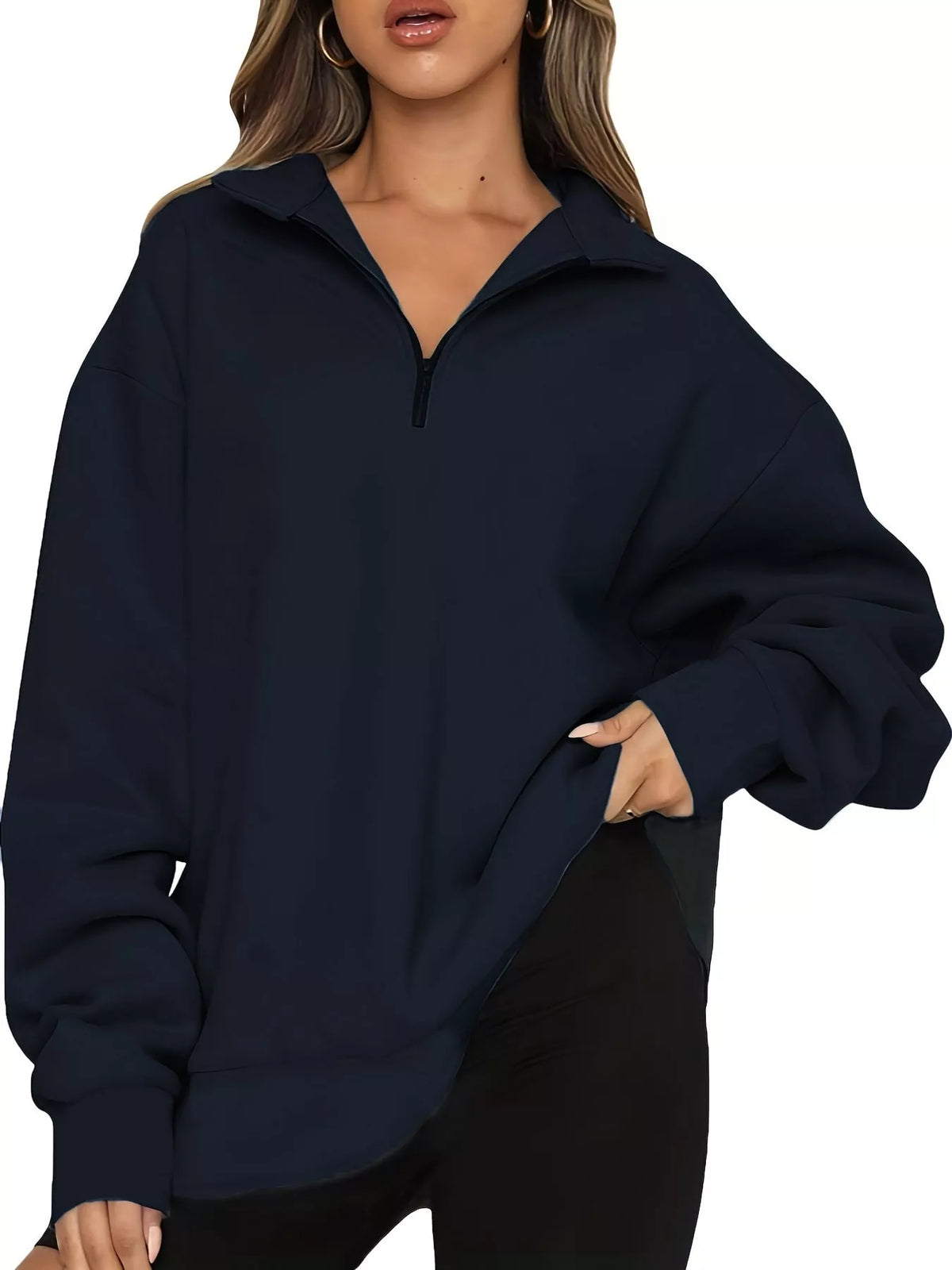 Full Size Quarter-Zip Dropped Shoulder Sweatshirt Plus Size - Navy - View 20