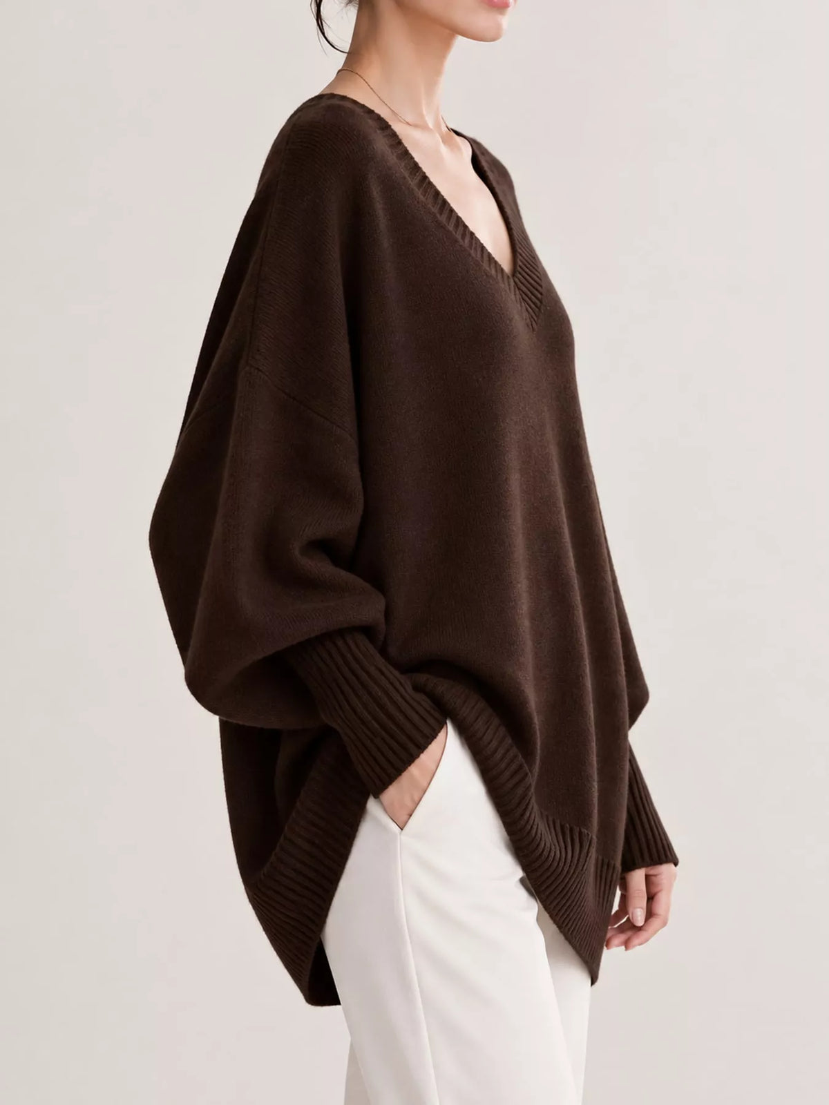 Full Size V-Neck Oversized Batwing Sleeve Sweater Plus Size - Coffee - View 39